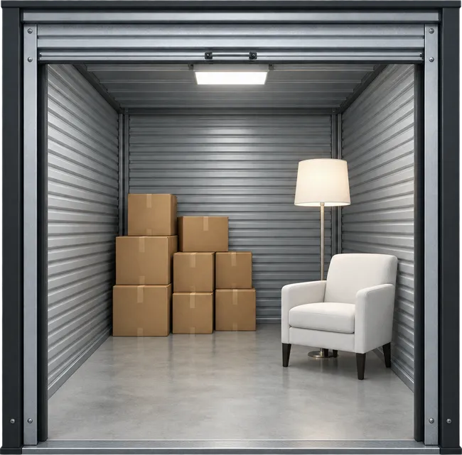 Illustrated 5 by 10 unit with boxes and a chair